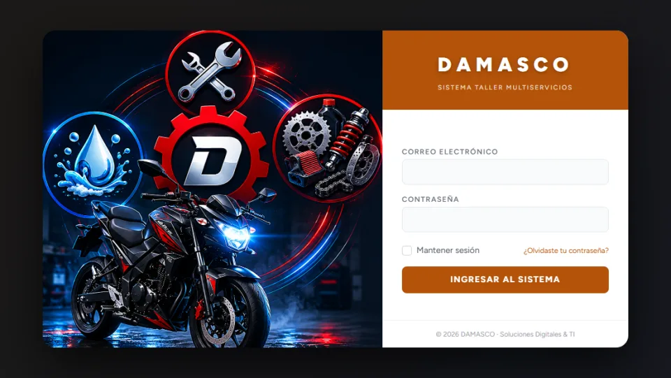 DAMASCO, sistema para taller multiservicios: pantalla de acceso